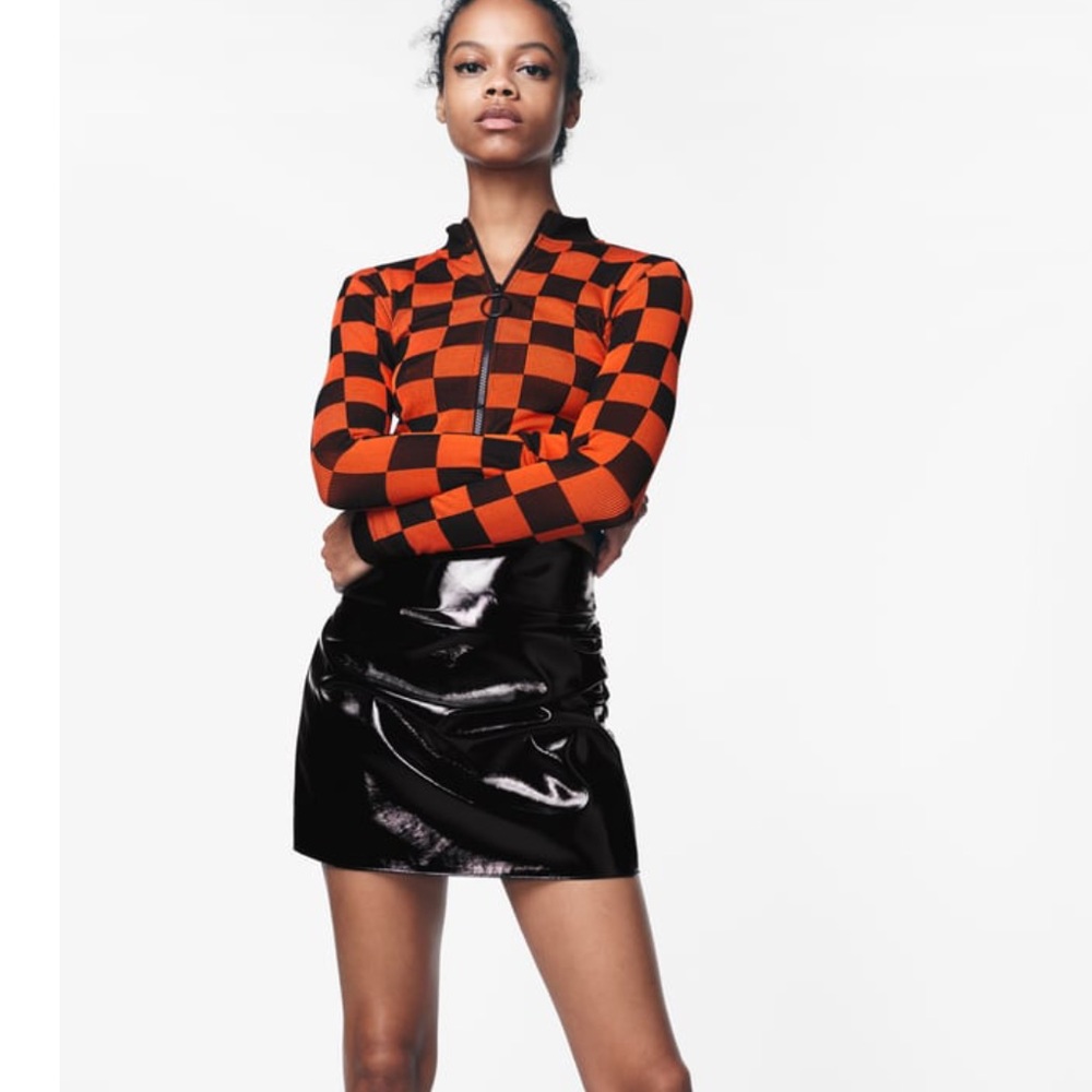 Zara Orange and Black Checkered Knit Jacket